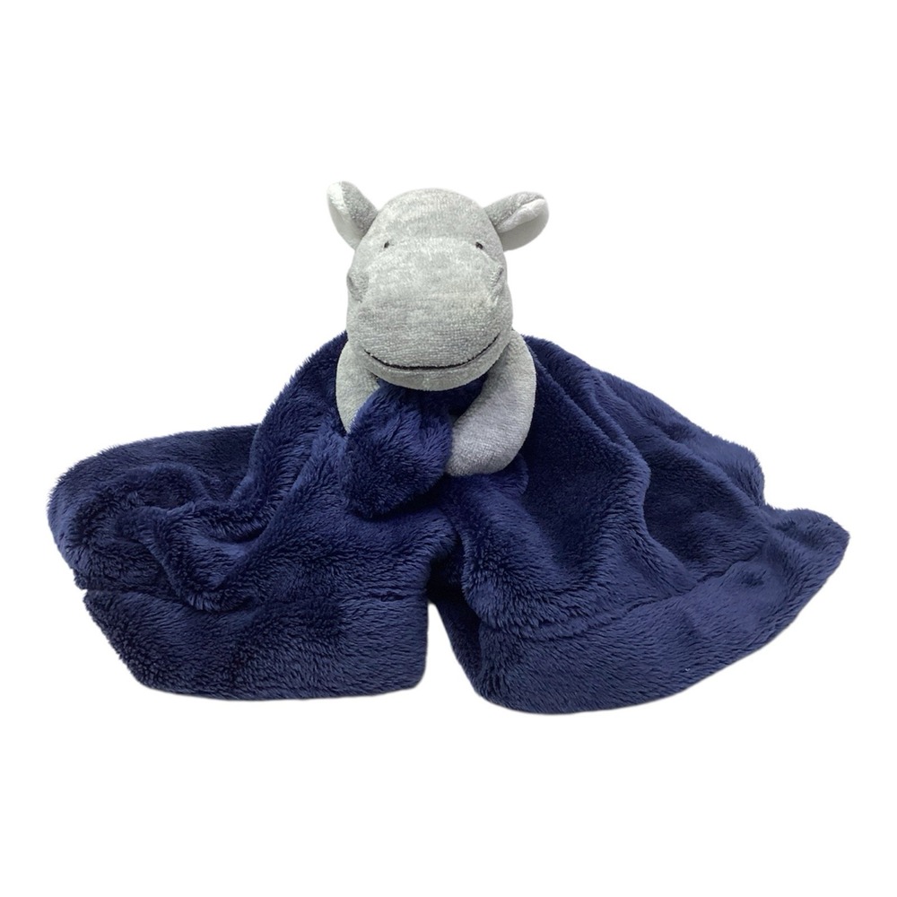 Carters Navy Blue Gray Hippo Baby Soft Satin Back Rattle Security blanket Lovey